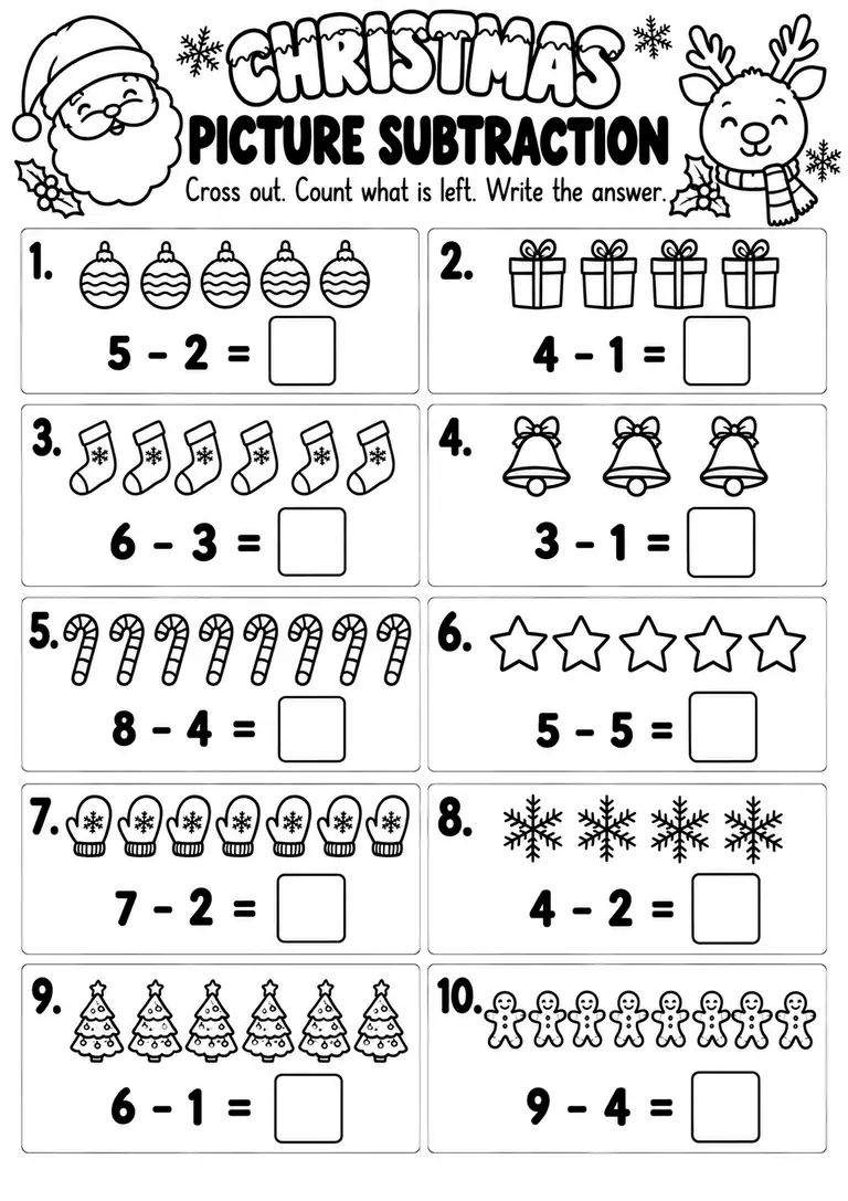 Christmas Picture Subtraction for Kindergarten, 1st Grade