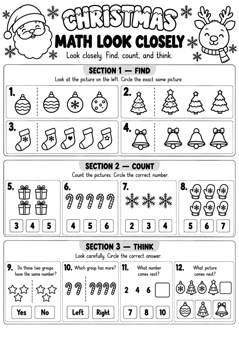 Christmas Math Look Closely for Kindergarten, 1st Grade