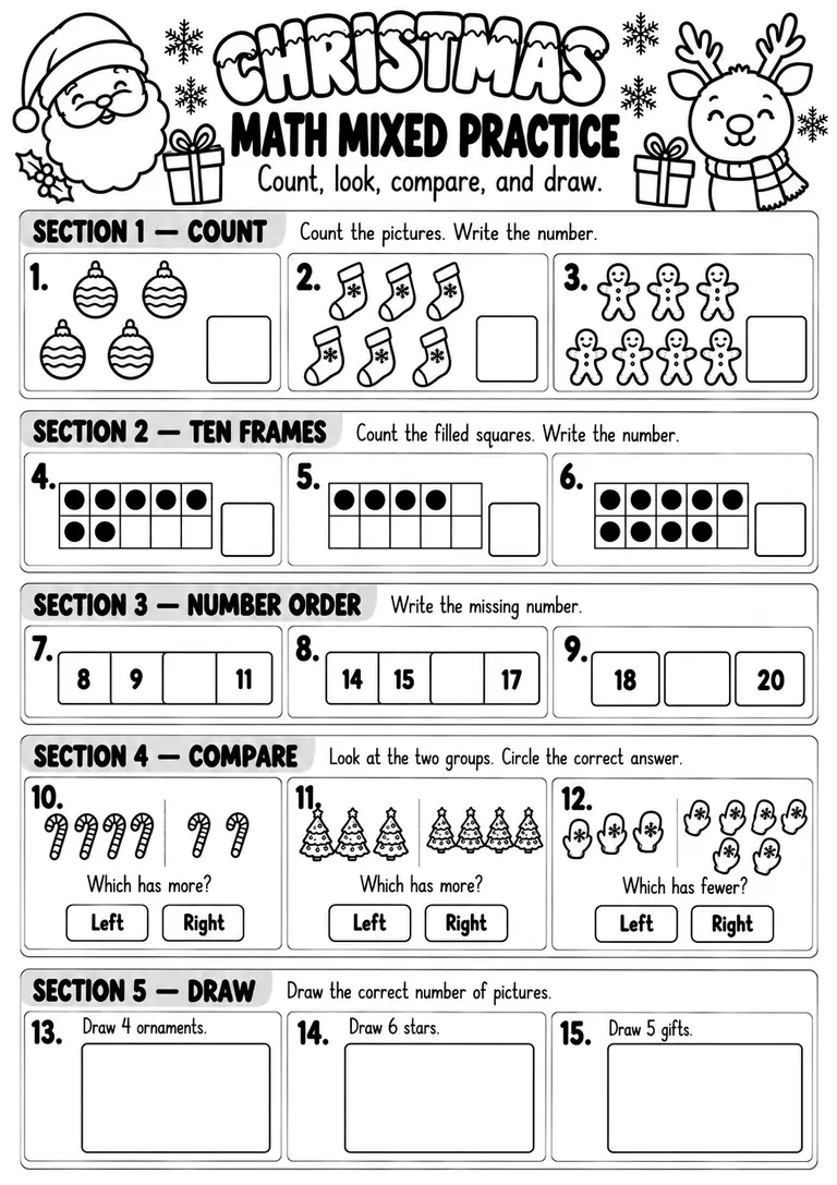 Christmas Math Mixed Practice for Kindergarten, 1st Grade