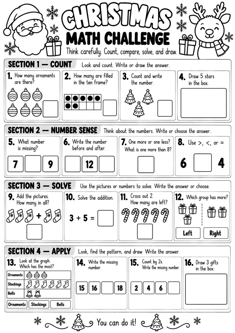 Christmas Math Challenge for Kindergarten, 1st Grade