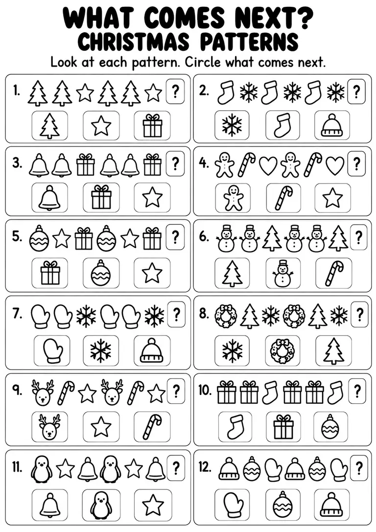 What Comes Next Christmas Patterns for Kindergarten, 1st Grade