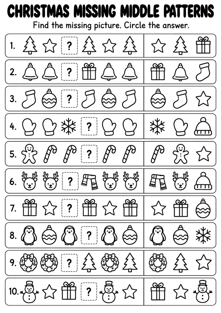 Christmas Missing Middle Patterns for Kindergarten, 1st Grade