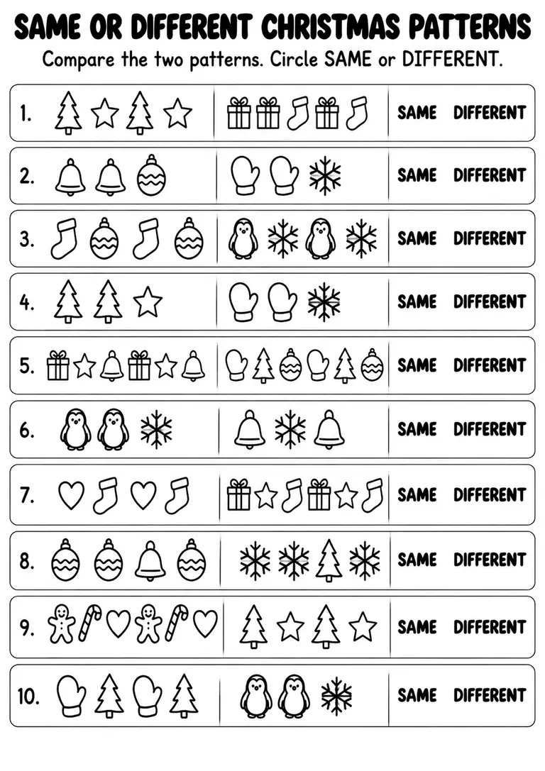 Same or Different Christmas Patterns for Kindergarten, 1st Grade