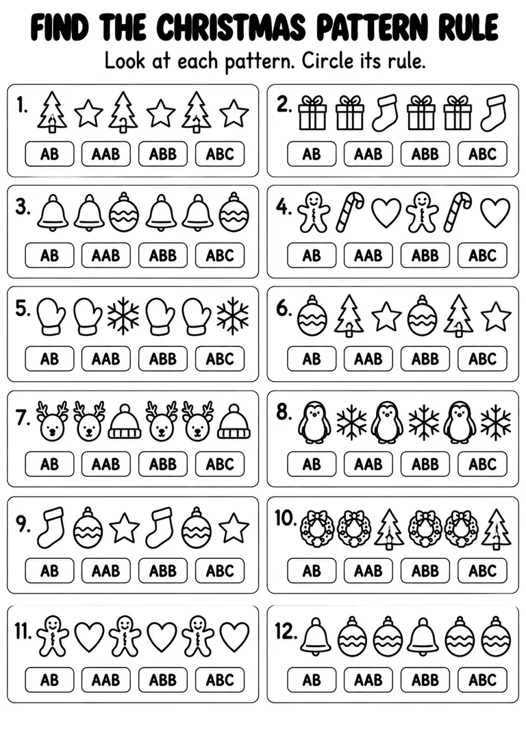 Find the Christmas Pattern Rule for Kindergarten, 1st Grade