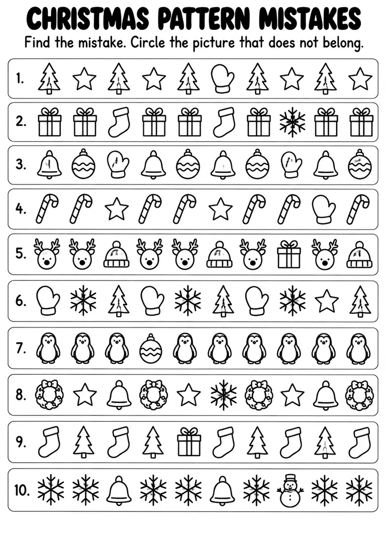 Christmas Pattern Mistakes for Kindergarten, 1st Grade