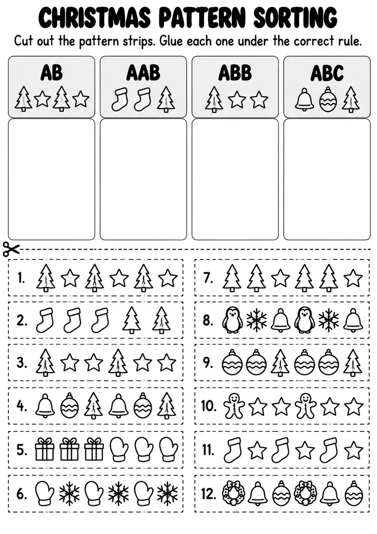 Christmas Pattern Sorting for Kindergarten, 1st Grade