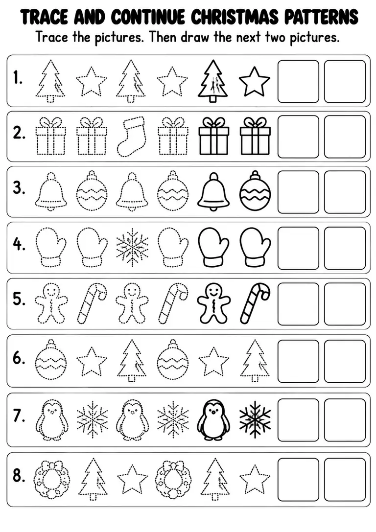 Trace and Continue Christmas Patterns for Kindergarten, 1st Grade