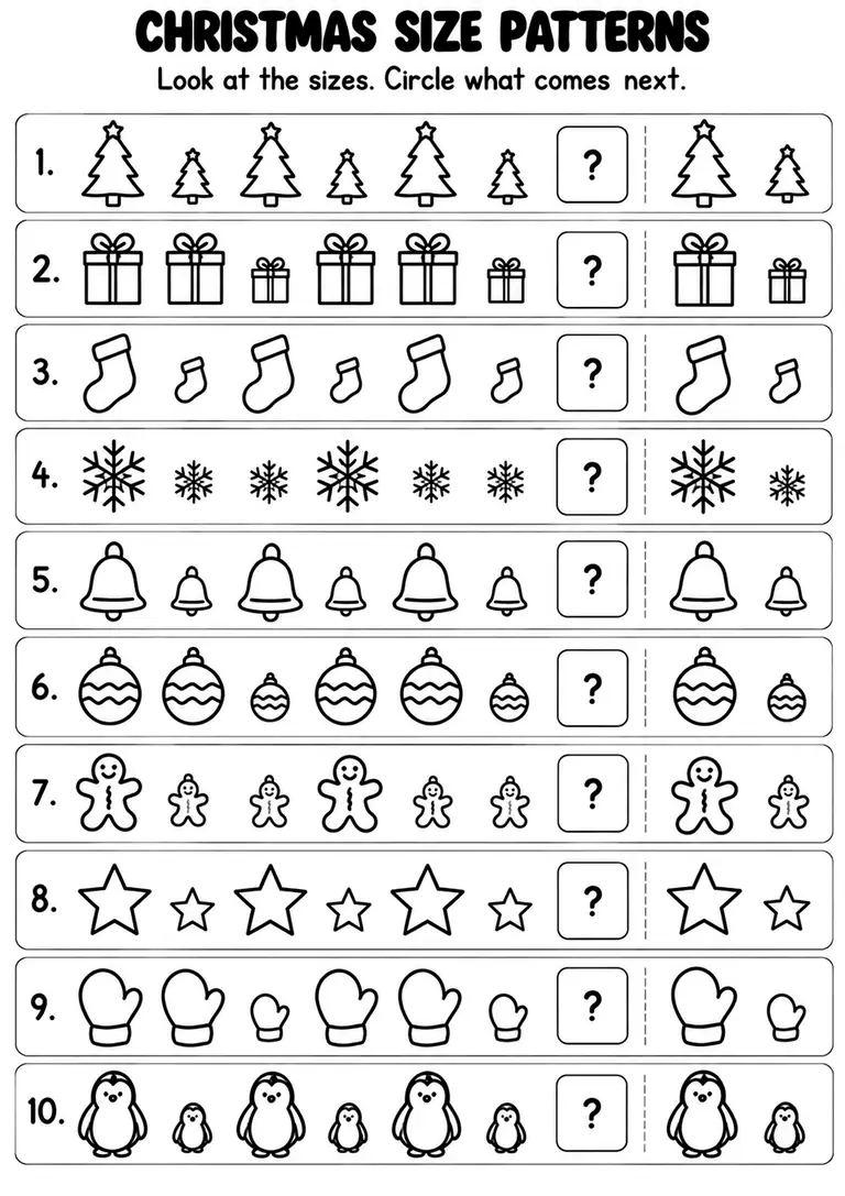 Christmas Size Patterns for Kindergarten, 1st Grade