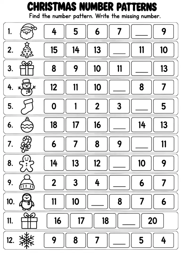 Christmas Number Patterns for Kindergarten, 1st Grade