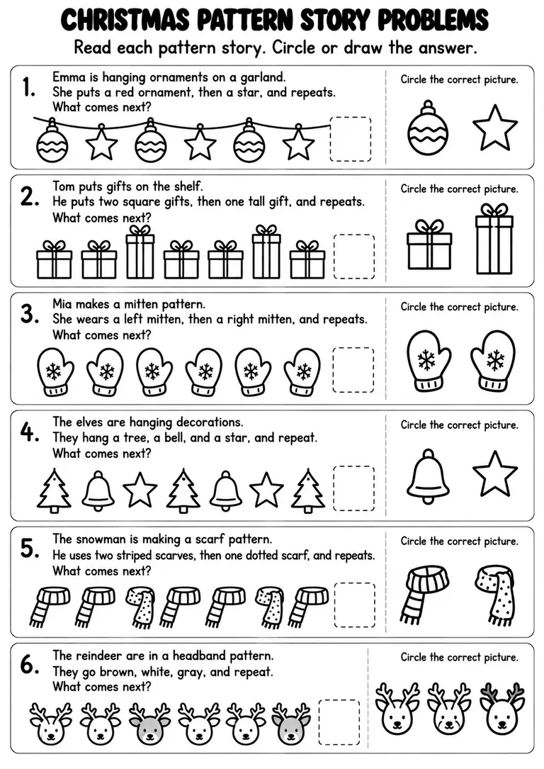 Christmas Pattern Story Problems for Kindergarten, 1st Grade
