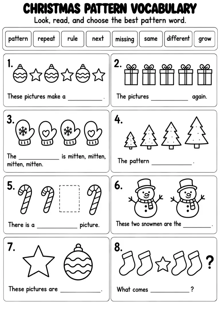 Christmas Pattern Vocabulary for Kindergarten, 1st Grade