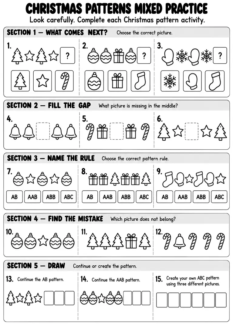 Christmas Patterns Mixed Practice for Kindergarten, 1st Grade