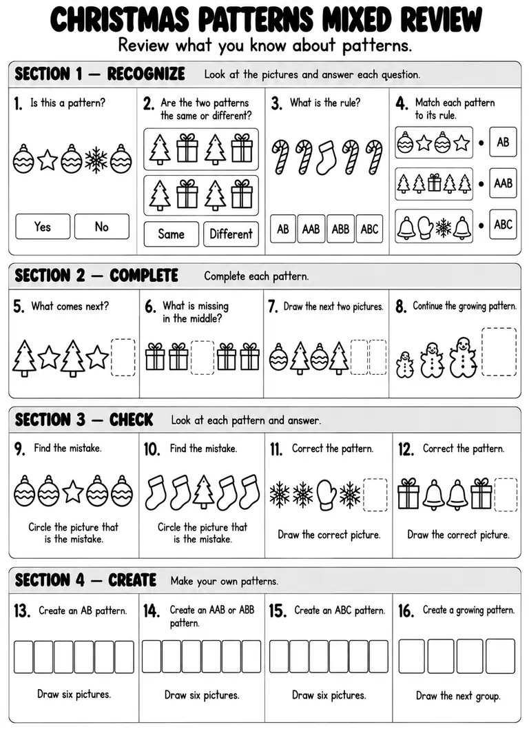 Christmas Patterns Mixed Review for Kindergarten, 1st Grade