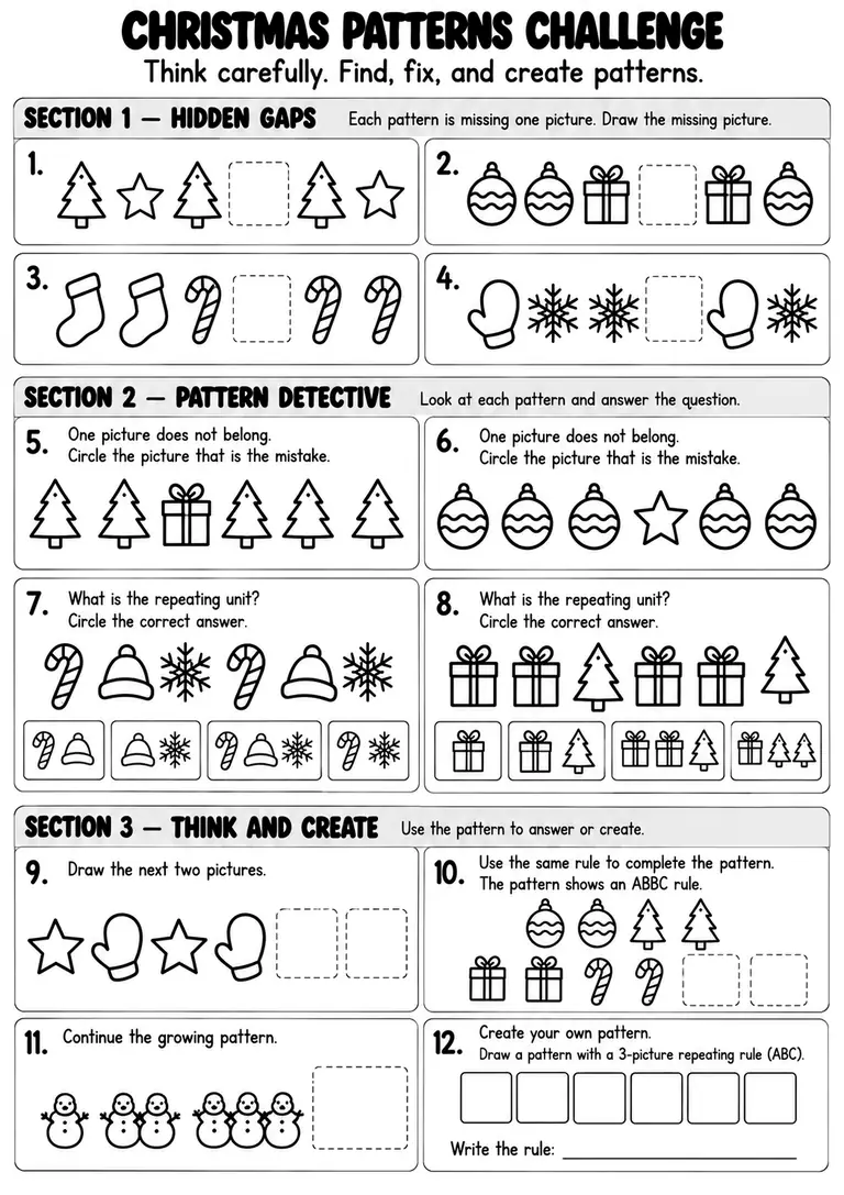 Christmas Patterns Challenge for Kindergarten, 1st Grade