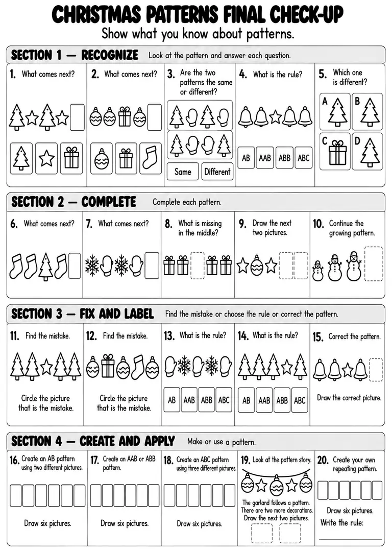 Christmas Patterns Final Check-Up for Kindergarten, 1st Grade