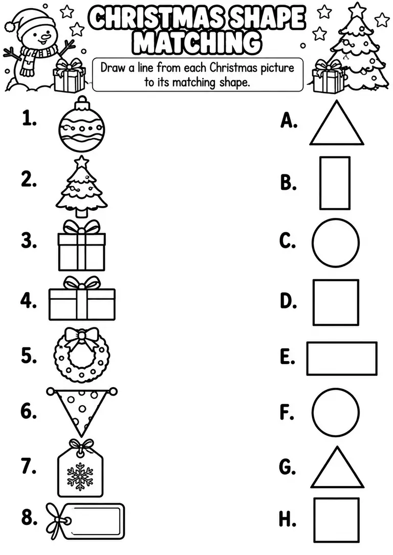 CHRISTMAS SHAPE MATCHING for Pre-K, Kindergarten, 1st Grade