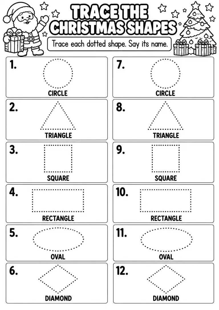 TRACE THE CHRISTMAS SHAPES for Pre-K, Kindergarten, 1st Grade