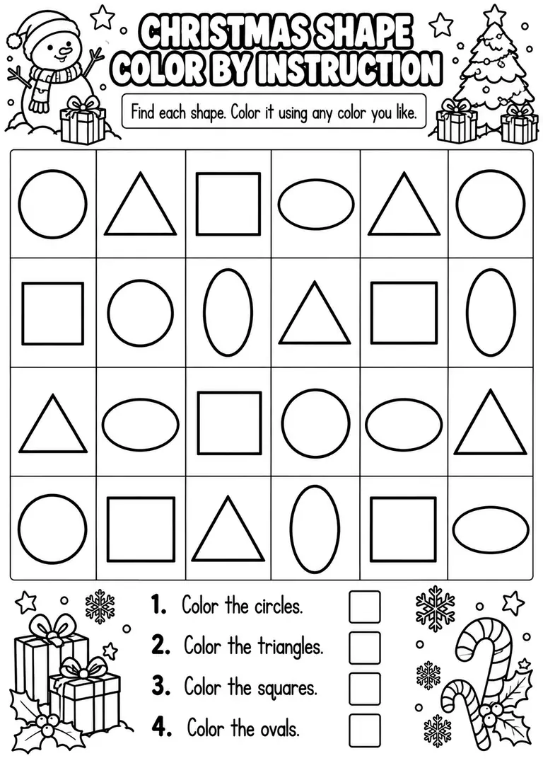CHRISTMAS SHAPE COLOR BY INSTRUCTION for Pre-K, Kindergarten, 1st Grade