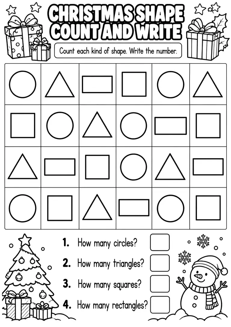 CHRISTMAS SHAPE COUNT AND WRITE for Pre-K, Kindergarten, 1st Grade