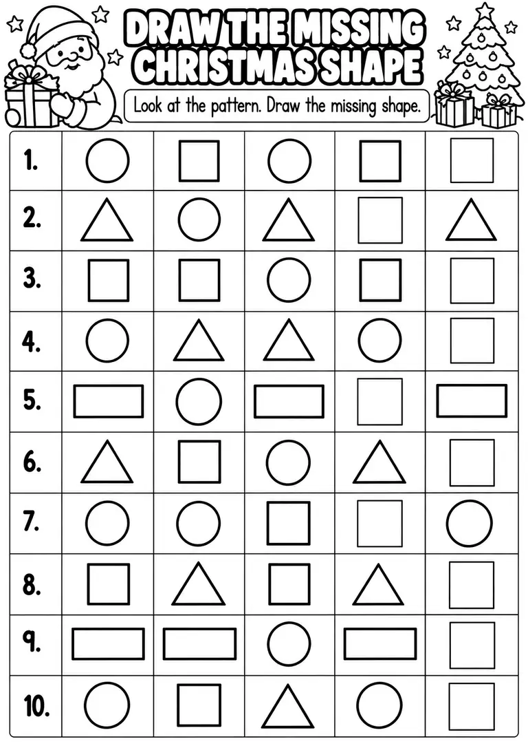 DRAW THE MISSING CHRISTMAS SHAPE for Pre-K, Kindergarten, 1st Grade