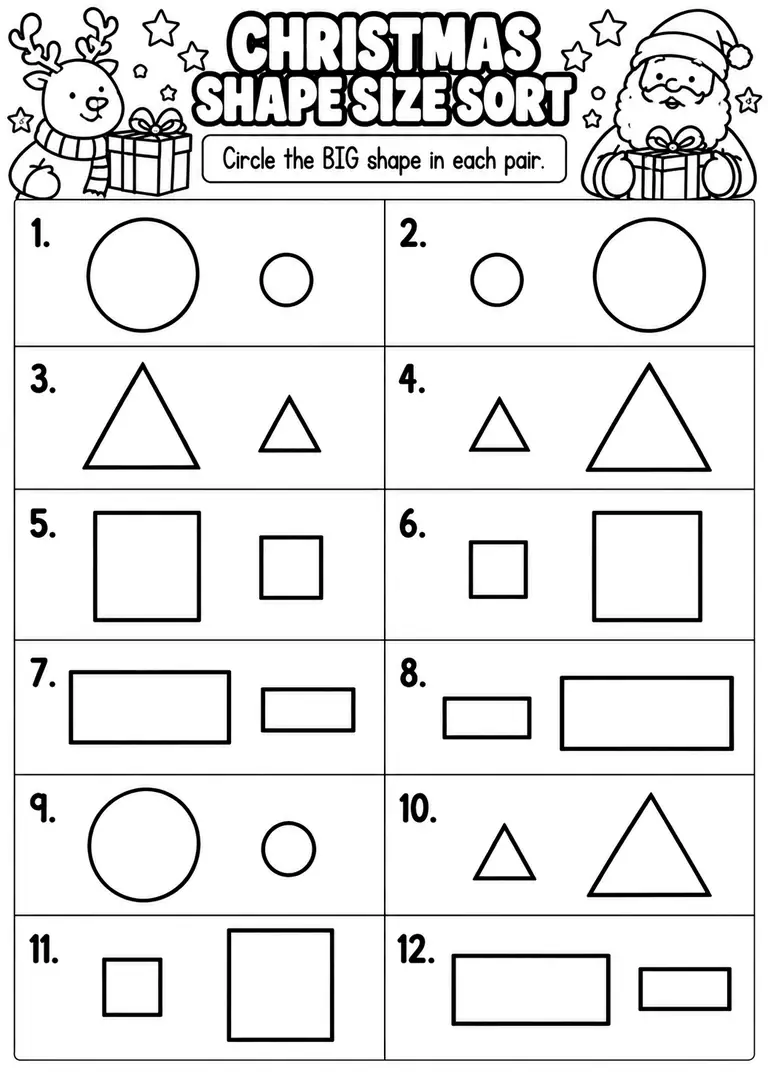 CHRISTMAS SHAPE SIZE SORT for Pre-K, Kindergarten, 1st Grade