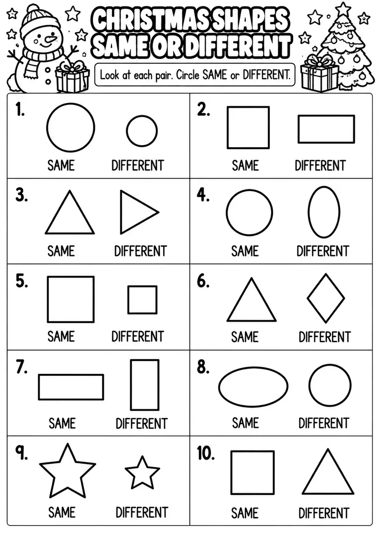 CHRISTMAS SHAPES SAME OR DIFFERENT for Pre-K, Kindergarten, 1st Grade