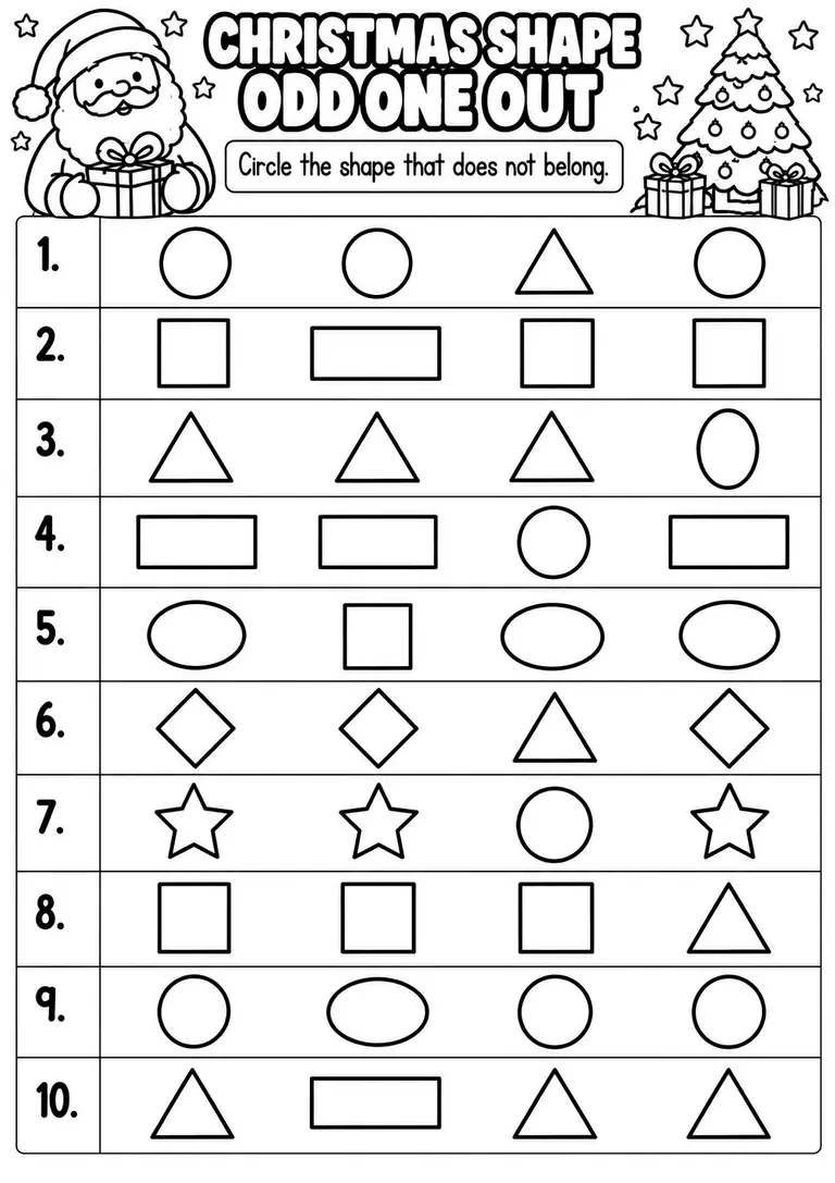 CHRISTMAS SHAPE ODD ONE OUT for Pre-K, Kindergarten, 1st Grade