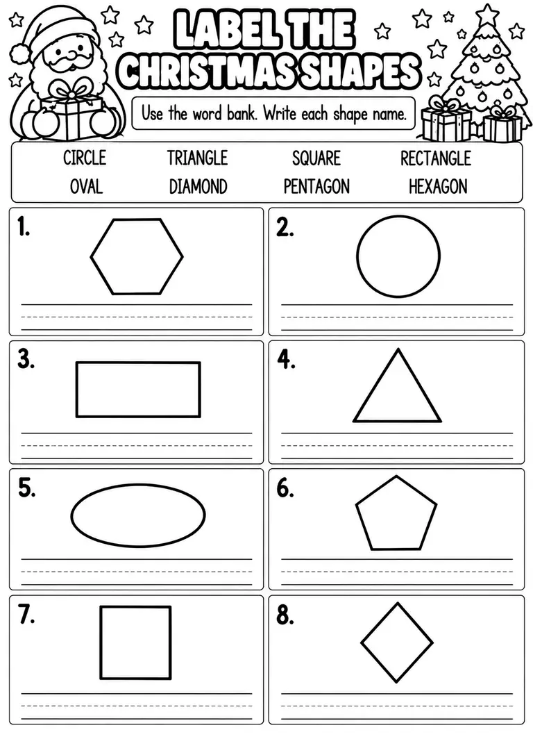 LABEL THE CHRISTMAS SHAPES for Pre-K, Kindergarten, 1st Grade