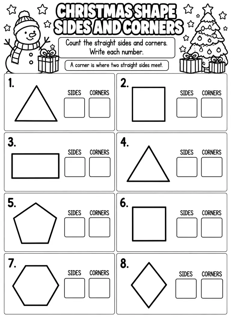 CHRISTMAS SHAPE SIDES AND CORNERS for Pre-K, Kindergarten, 1st Grade