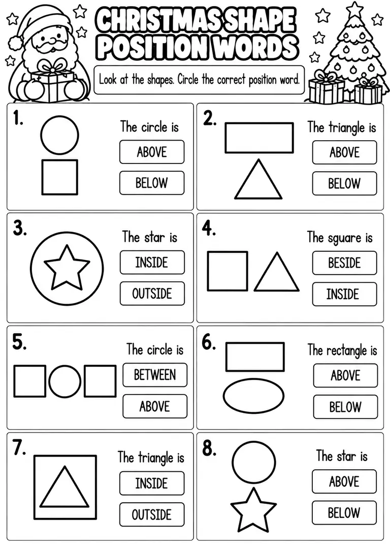 CHRISTMAS SHAPE POSITION WORDS for Pre-K, Kindergarten, 1st Grade