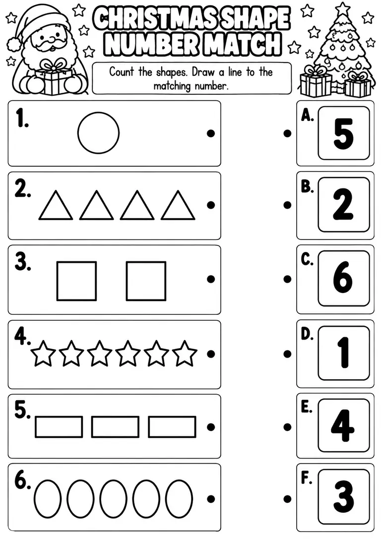 CHRISTMAS SHAPE NUMBER MATCH for Pre-K, Kindergarten, 1st Grade