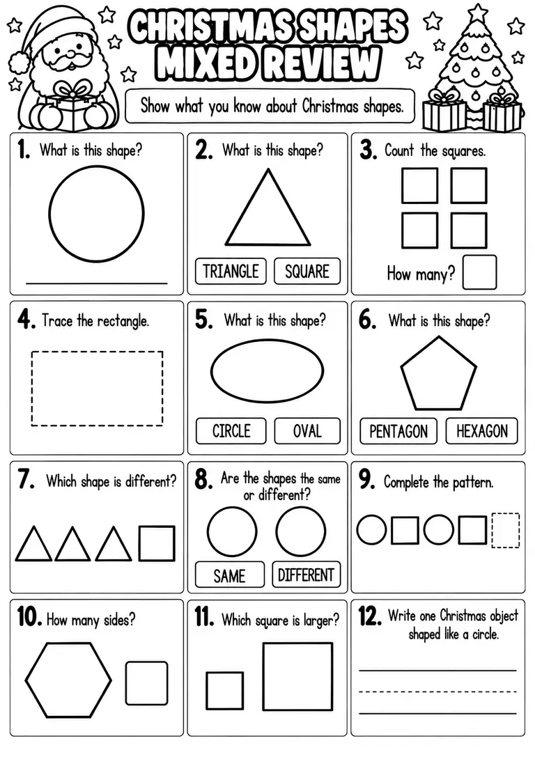 CHRISTMAS SHAPES MIXED REVIEW for Pre-K, Kindergarten, 1st Grade