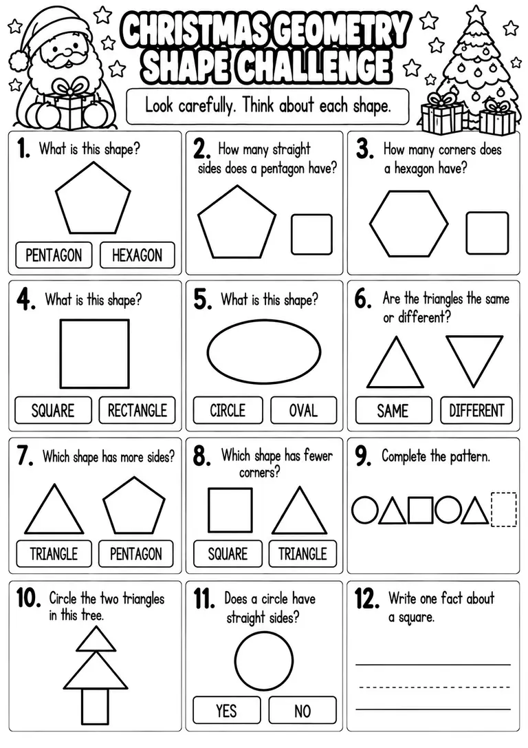 CHRISTMAS GEOMETRY SHAPE CHALLENGE for Pre-K, Kindergarten, 1st Grade