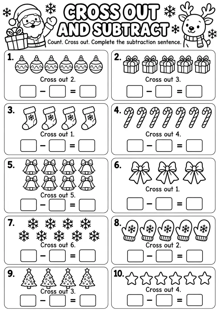 Cross Out and Subtract Christmas Objects for Kindergarten, 1st Grade