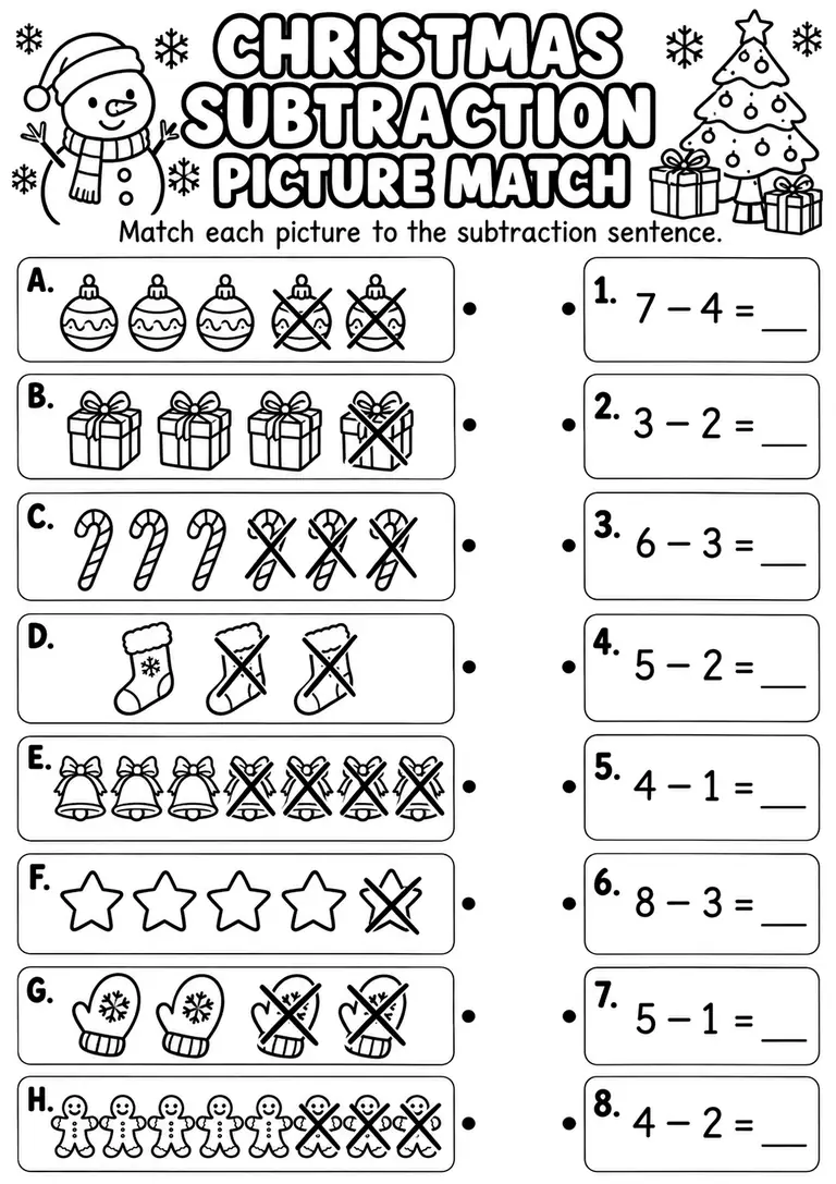 Christmas Subtraction Picture Match for Kindergarten, 1st Grade