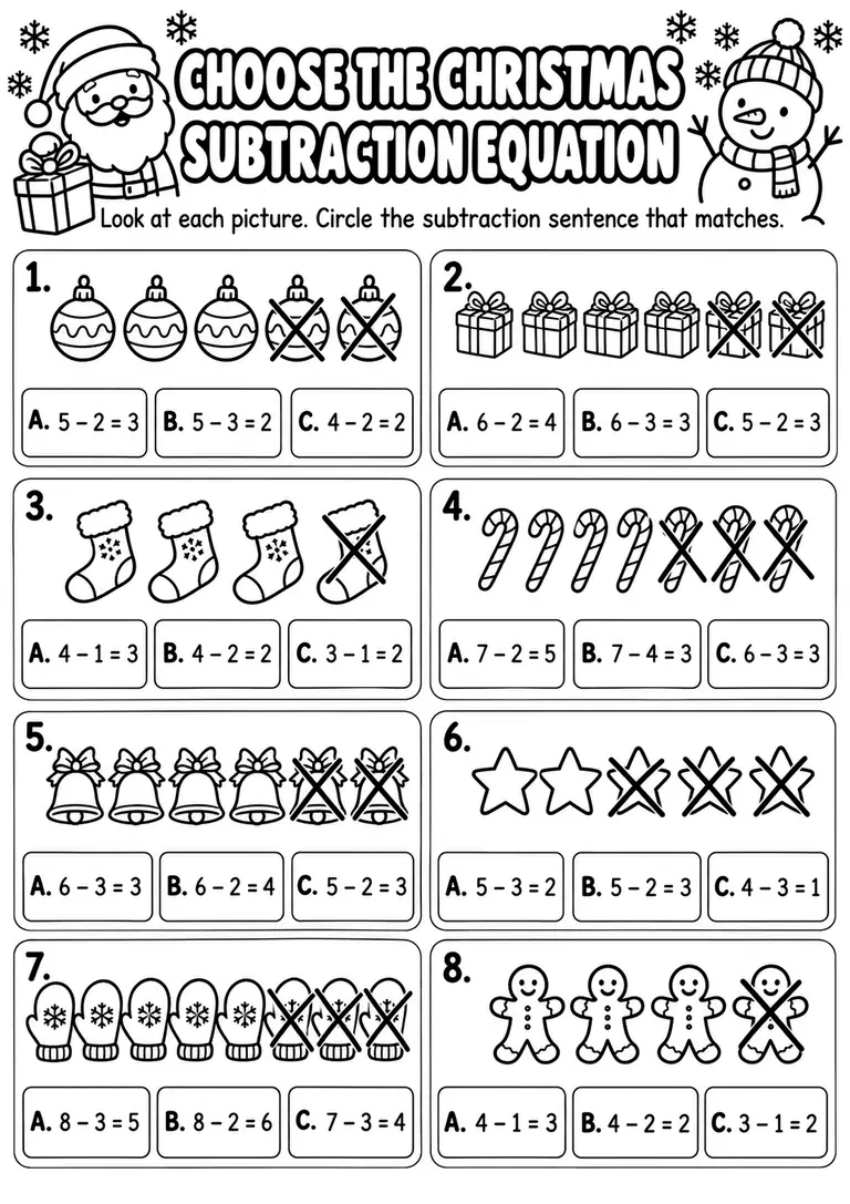 Choose the Christmas Subtraction Equation for Kindergarten, 1st Grade