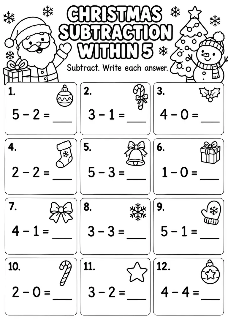 Christmas Subtraction Within 5 for Kindergarten, 1st Grade