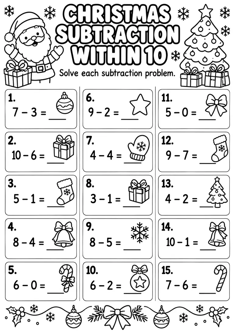 Christmas Subtraction Within 10 for Kindergarten, 1st Grade