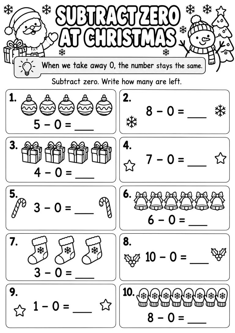 Subtract Zero at Christmas for Kindergarten, 1st Grade