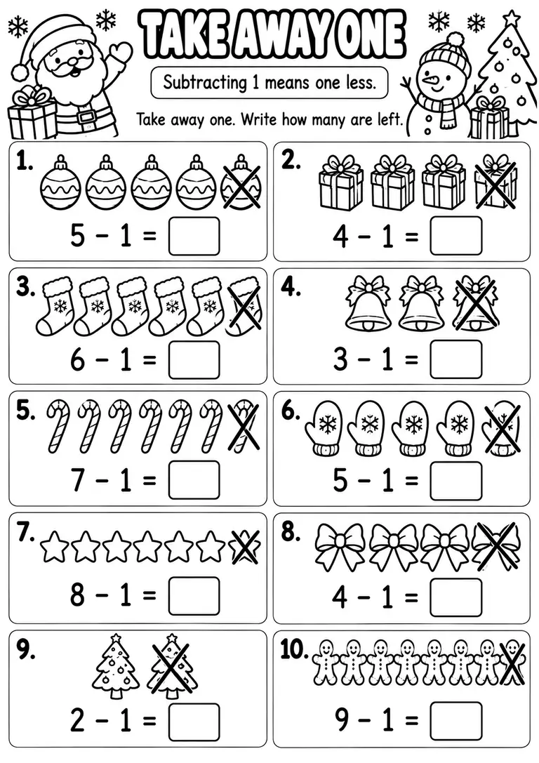 Take Away One Christmas Math for Kindergarten, 1st Grade