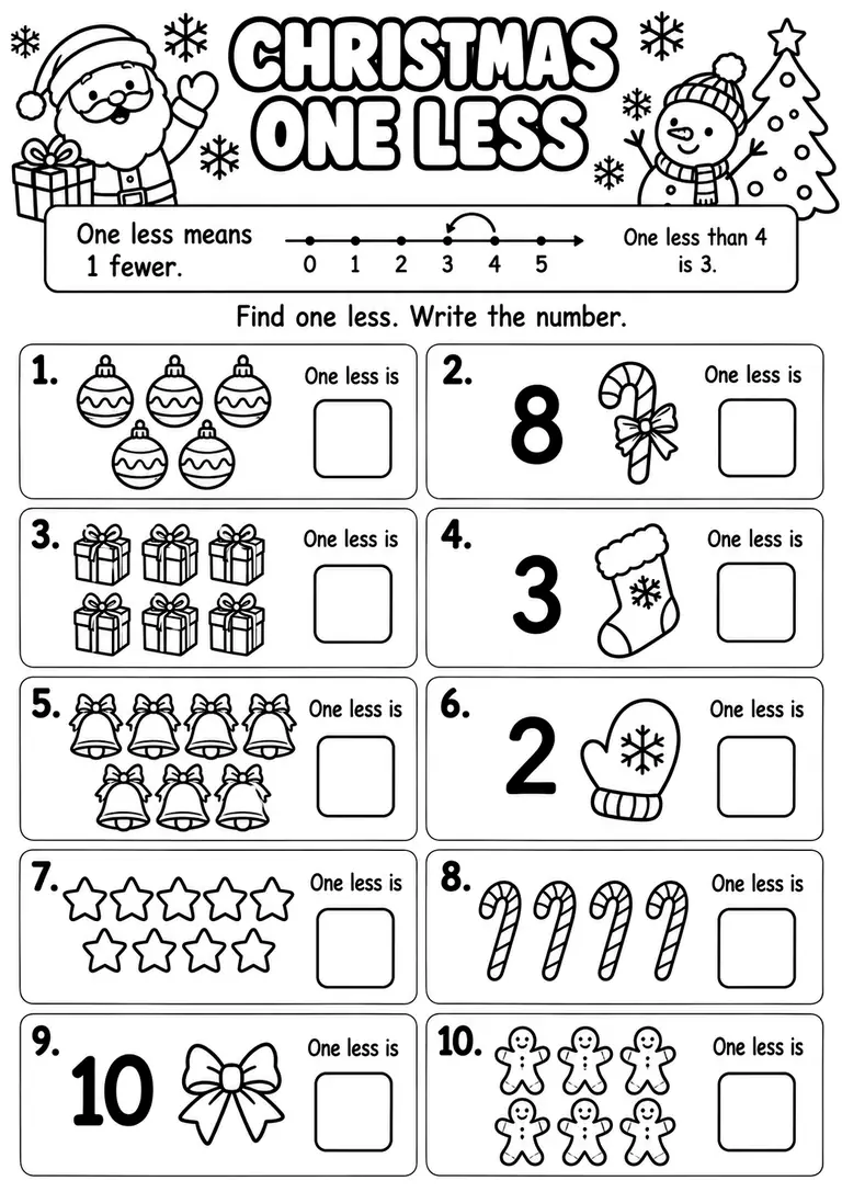 Christmas One Less WORKSHEET for Kindergarten, 1st Grade