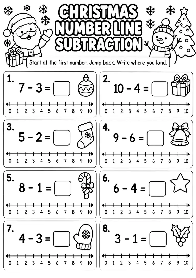 Christmas Number Line Subtraction for Kindergarten, 1st Grade