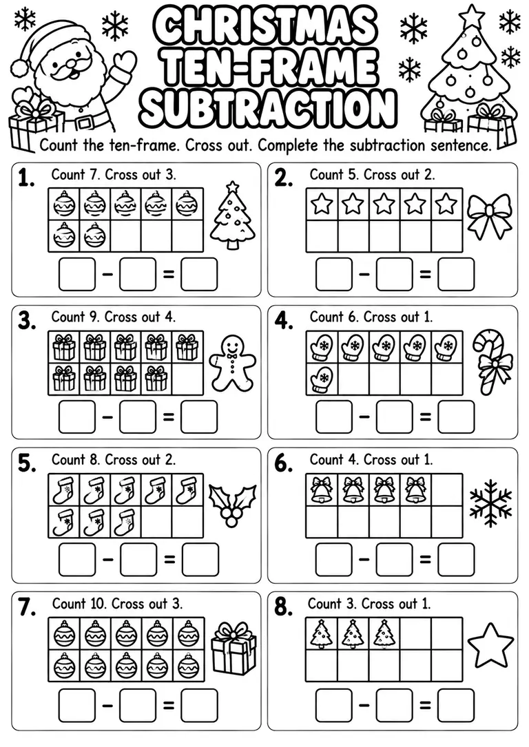 Christmas Ten-Frame Subtraction WORKSHEET for Kindergarten, 1st Grade