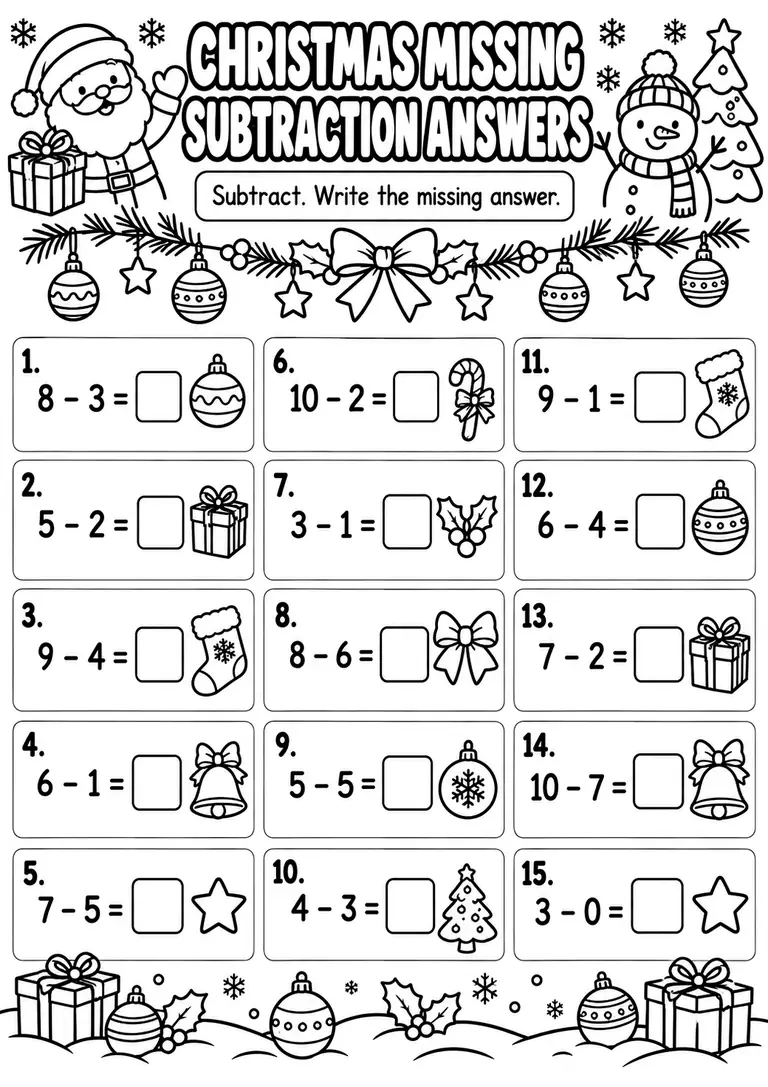 Christmas Missing Subtraction Answers for Kindergarten, 1st Grade