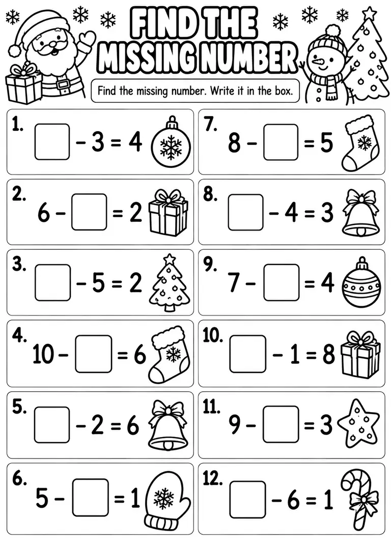Find the Missing Number Christmas Subtraction for Kindergarten, 1st Grade