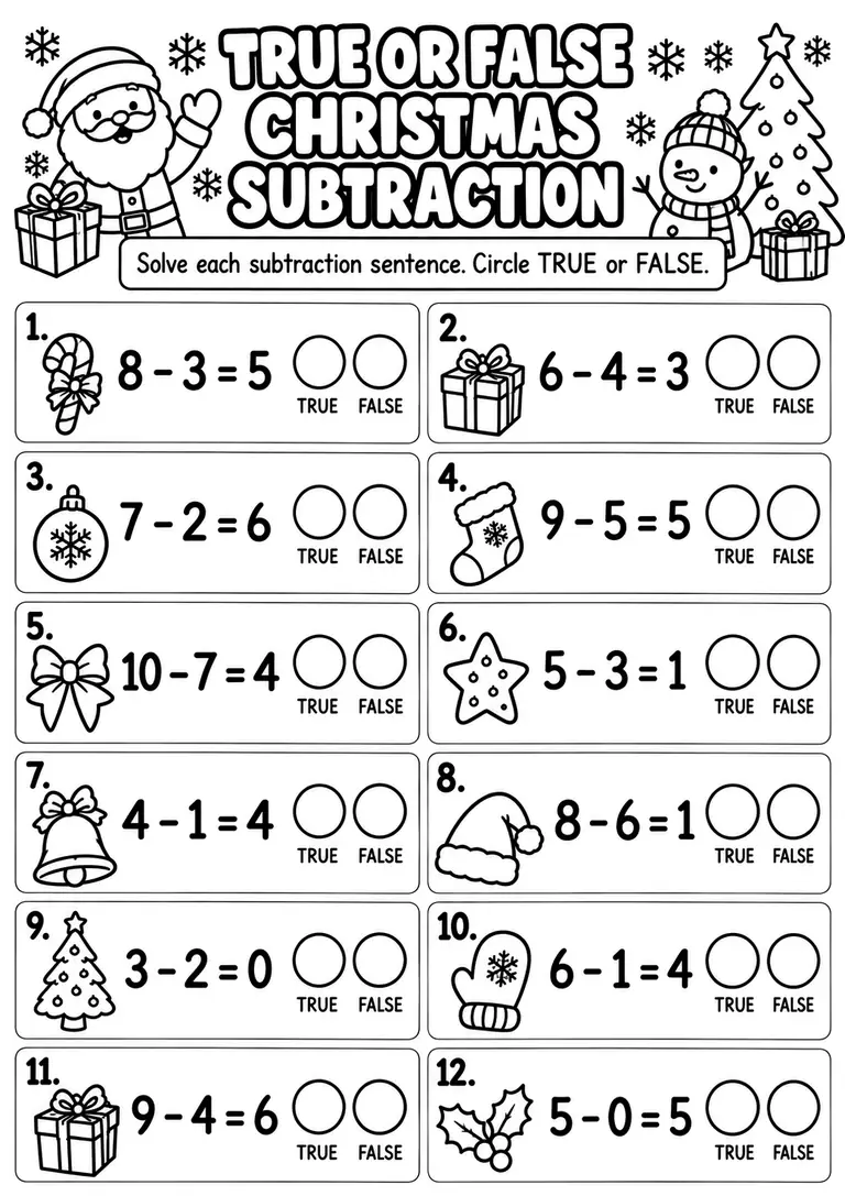 True or False Christmas Subtraction for Kindergarten, 1st Grade