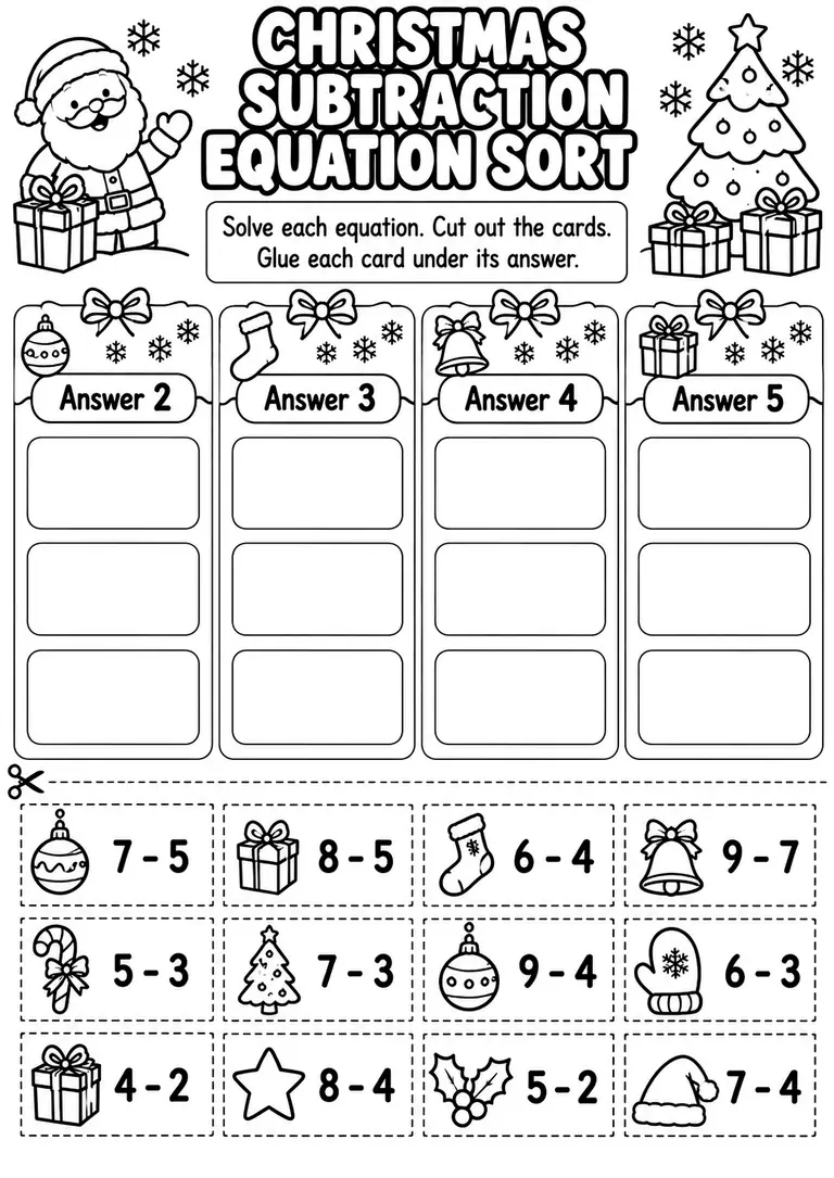 Christmas Subtraction Equation Sort for Kindergarten, 1st Grade