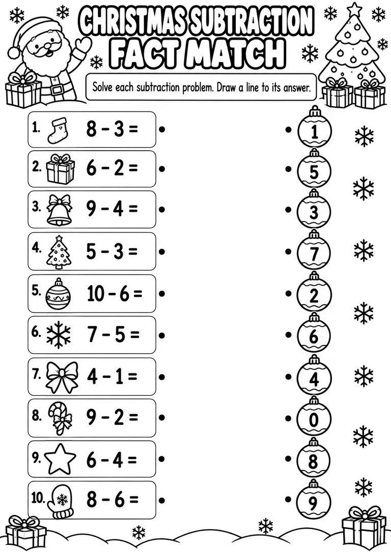 Christmas Subtraction Fact Match for Kindergarten, 1st Grade