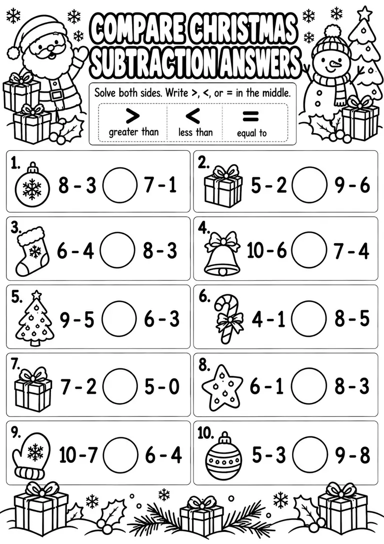 Compare Christmas Subtraction Answers for Kindergarten, 1st Grade