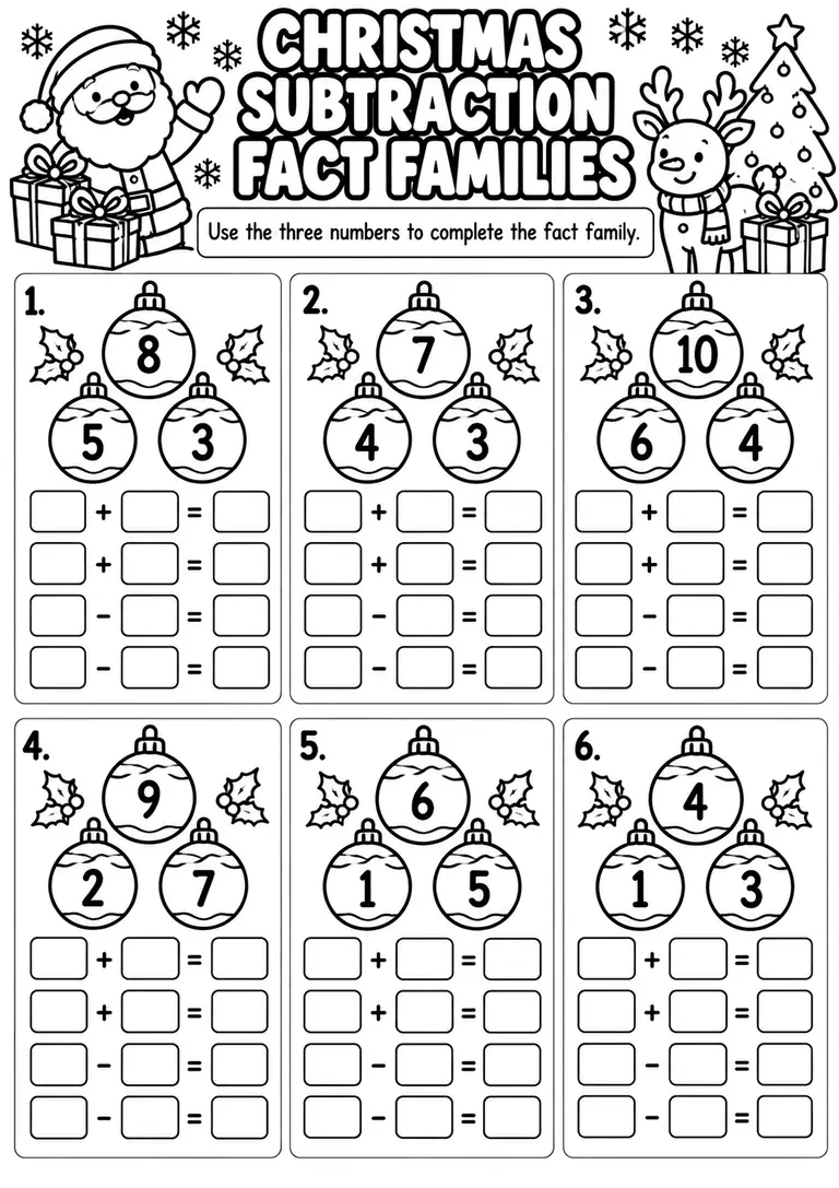 Christmas Subtraction Fact Families for Kindergarten, 1st Grade